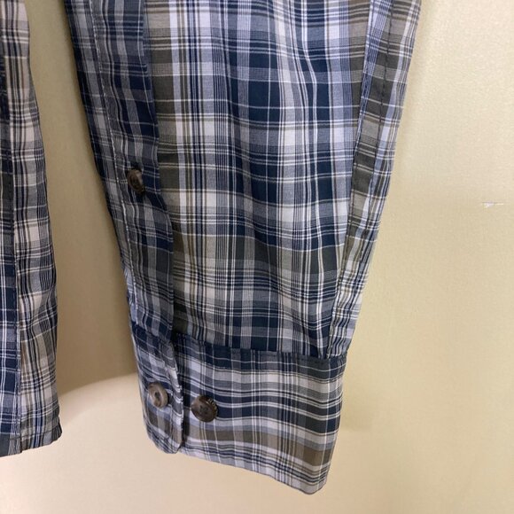 Filson Fishing Shirt Mens Small Navy Blue White Tan Plaid Lightweight Vented - Picture 7 of 10